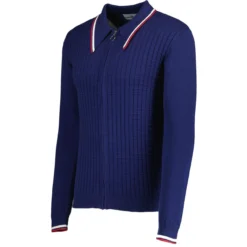Apollo Mod Grid Check Big Collar Zip Polo Cardigan In Navy -Classic Gents Fit Sales madcap england grid knit ring zip polo cardigan navy mc1069 21 24189.1693991794