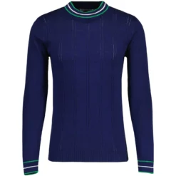 Moore Mod Pointelle Knit Tipped Mock Turtleneck Jumper In Navy -Classic Gents Fit Sales madcap england moore ls jumper navy mc1049 3 72736.1693991737