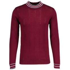 Moore Mod Pointelle Knit Tipped Mock Turtleneck Jumper In Zinfandel -Classic Gents Fit Sales madcap england moore tipped pointelle knit tee zinfandel mc1049 3 56053.1695997394