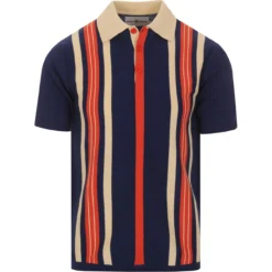 Farlowe Mod Stripe Knit Polo Top -Classic Gents Fit Sales madcapeng vertical stipes polo blue front 26083.1661263003