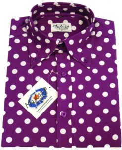 Penny Dot Lane Retro 60s Mod Shirt -Classic Gents Fit Sales purple penny dot shirt folded 43381.1661339156